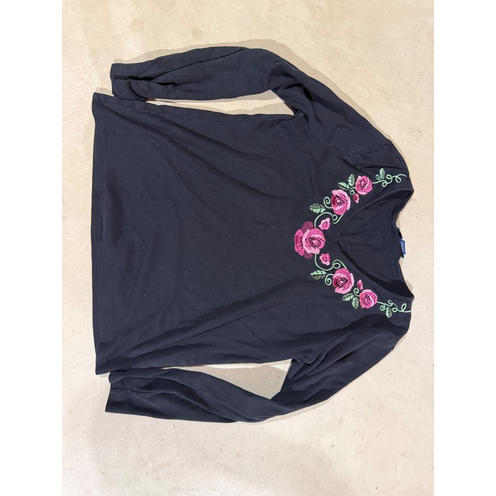 Karen Scott Black V-Neck Long Sleeve Top Pink Floral Rose Embroidery Size M